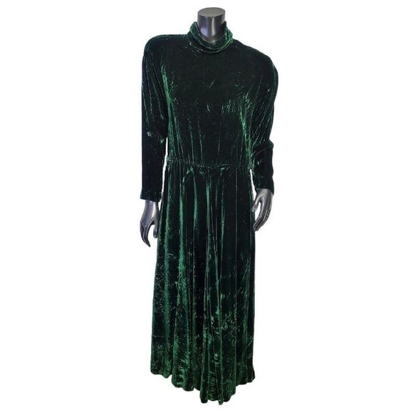 Vintage 80s Carroll Reed M/L Emerald‎ Green Crushed Velvet Mockneck L/S Dress - Picture 1 of 12